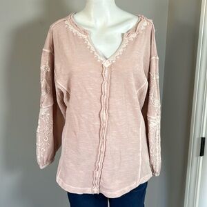 Caite Rita Top EMBROIDERED KNIT Shirt Pale Pink Handmade Boho Prarie Sz XS NEW